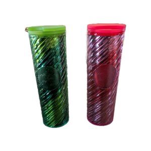 Set of 2 Starbucks 2022 Red & Green Christmas Swirl Tumbler Travel Cup 24oz Gift